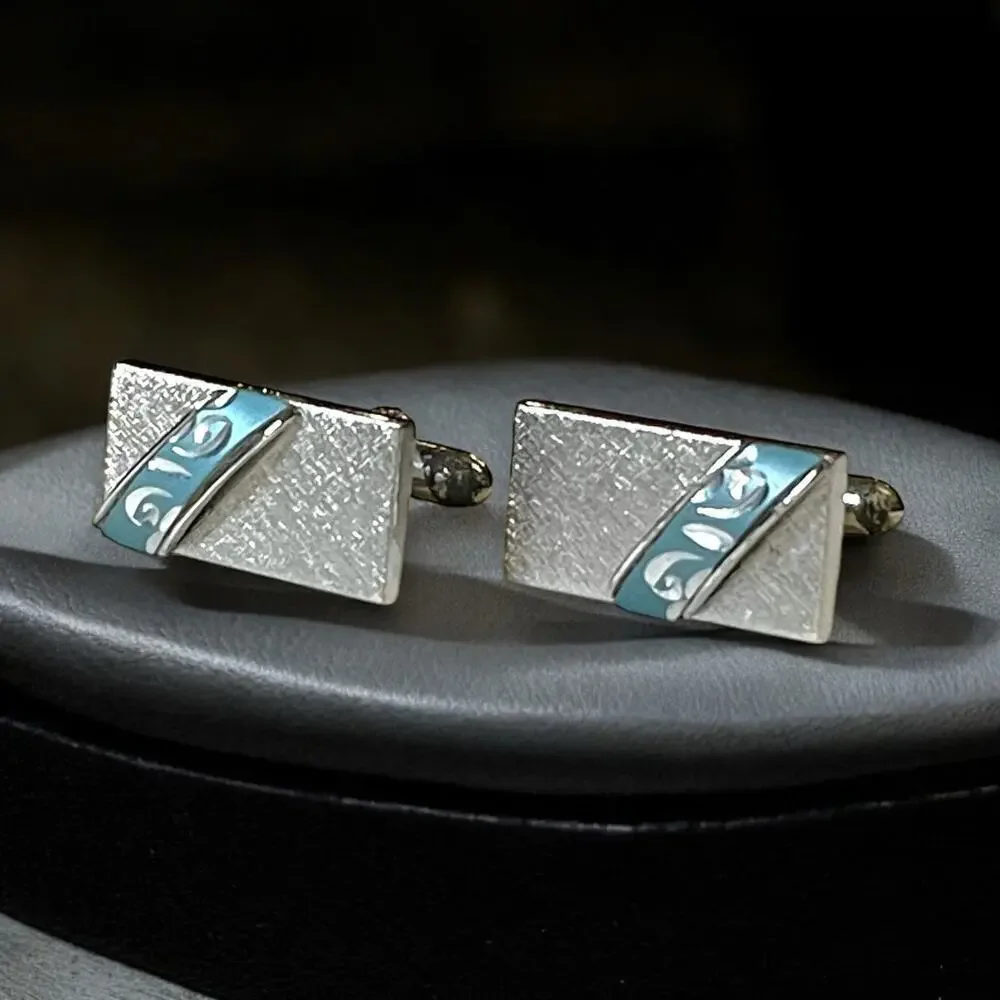 Vintage Swank Cufflinks Mens Silver Tone Blue Stripe Filigree Crosshatch Signed